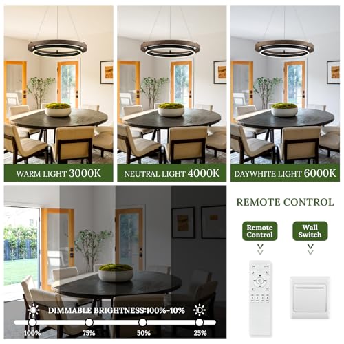 LED 2 Ring Chandelier Dimmable Up Down Light Black Walnut Wood