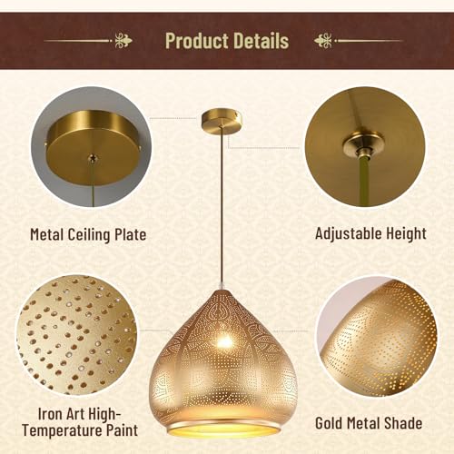 Farmhouse Pendant Light Fixture Vintage Gold Metal Moroccan