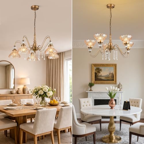 5 Light Vintage Chandelier in Matte Antique Brass Finish with Amber Flower (5-Light / Antique Brass and Amber)