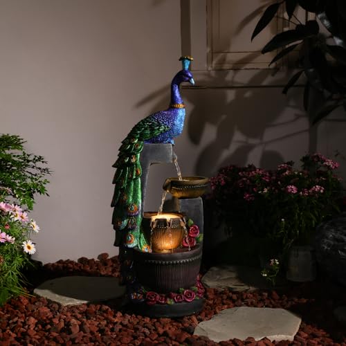 Outdoor Water Fountain 41" H Cascading Peacock Waterfall Fountain with LED Lights & Pump Tiered Water Feature for Garden