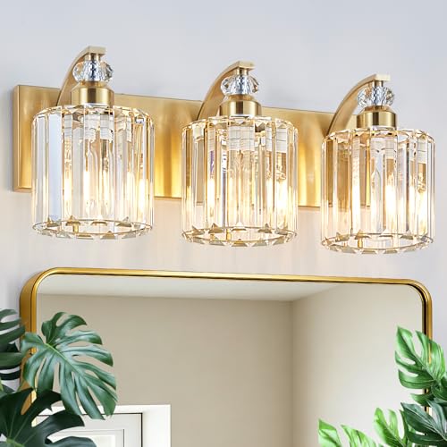 3 Lights Brushed Brass Bathroom Light Fixture Gold Vanity Lights Modern Crystal Bathroom Vanity Lighting Over Mirror Wall Sconce with K9 Crystal Shade E26 Base for Living Room