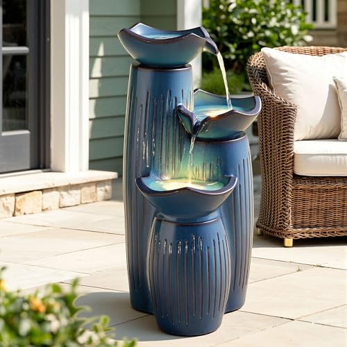 30" Ceramic Outdoor Water Fountain with LED Lights