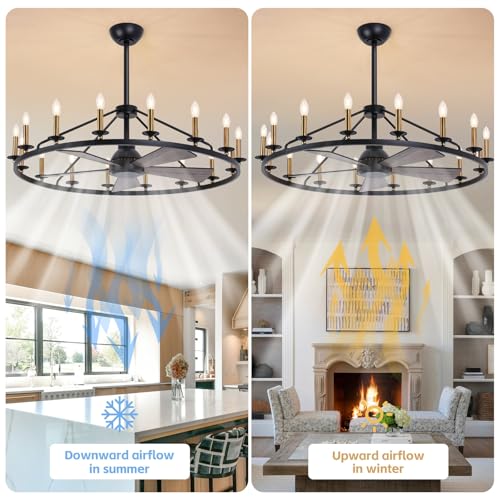 44" Black+Gold Wagon Wheel Chandelier with Fans