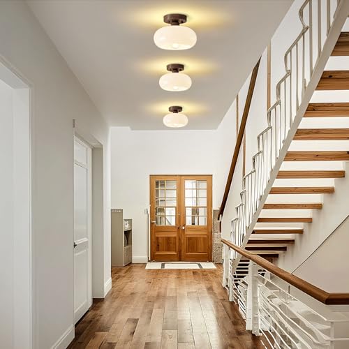Mid Century Modern Faux Walnut Wood Semi Flush Ceiling Light 8.66 Inch