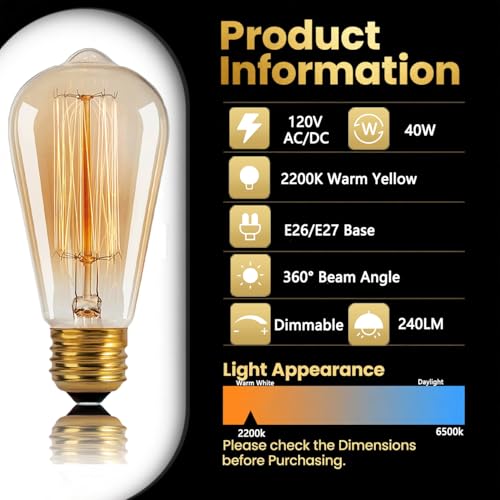 ST64 Incandescent Edison Bulb 40W E26 2200K Dimmable Amber Glass 6 (6 Count)