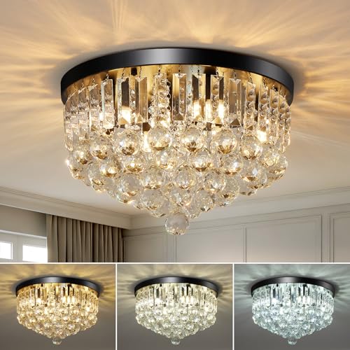 8 Light Modern Crystal Chandelier Black Metal G9 Base Flush Mount Round Light Fixture Ceiling Lamp Farmhouse for Dining Living Room Laundry Foyer Kitchen Balcony Bedroom