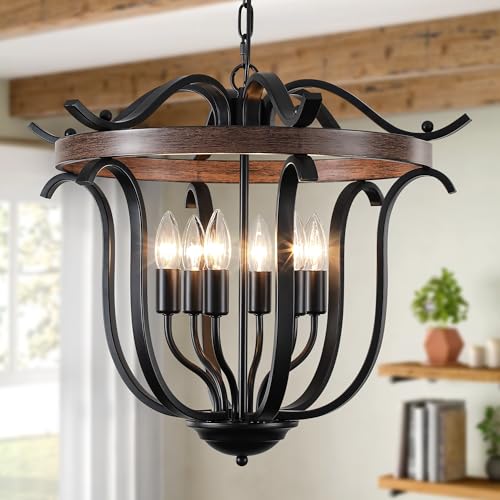 20" Black Farmhouse Chandelier for Dining Room 6 Light Cage Light Fixture