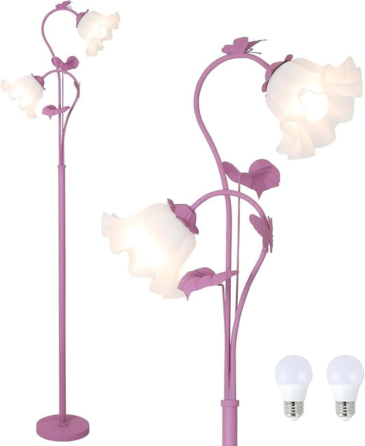 HMVPL Purple Floral Floor Lamp, Girls Flower Floor Lamp for Bedroom, Cute Lotus Standing Lamp with 2 LED 5W Blubs, Foot Switch, Unique Flower Tall Lamp for Living Room Kids Nursery Bedside Corner - Aura Lighting