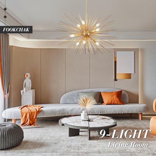 32in Gold Sputnik Chandelier Solid Metal Starburst Light Fixture 9 Light