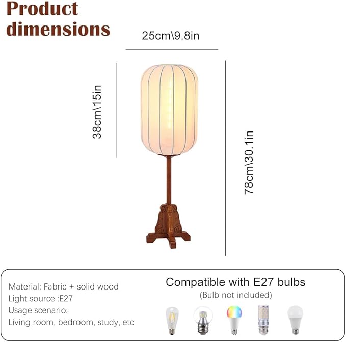 Wood Table Lamp Chinese Style Lantern Desk Light with Fabric Shade Japanese Lamp Lantern Wooden Standing Lights for Nightstand, Dresser, Living Room, Restaurant, Office