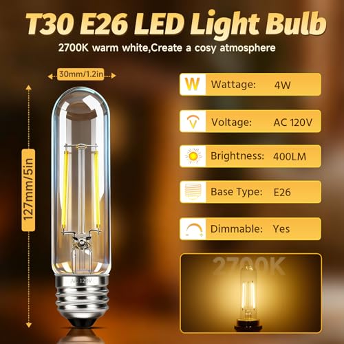 T10 LED Bulb Dimmable Tubular Light Bulb E26 4W Equal 40 Watt Long Edison Light Bulbs 2700K Warm White for Chandelier Industrial Wall Sconces Curio Cabinet Piano Light Desk Lamp 400LM (2 Count)