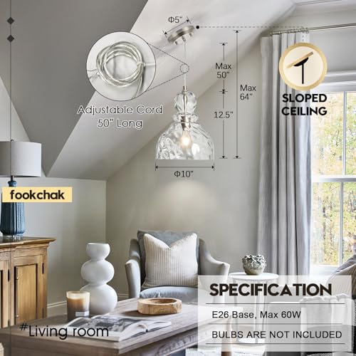 Brushed Nickel Pendant Light for Kitchen Island Hammered Glass Pendant Island Light 10inch Modern Glass Pendant Lights for Kitchen Sink Dining Room Hallway Entrance