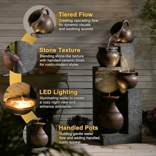 50H Water Fountain Outdoor with 5Tiers Modern Cascading Jar and Stacked Water Fountain with LED Lights for Patio