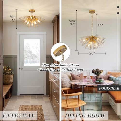 Gold Sputnik Ceiling Light 6 Light Starburst Light Fixture Solid Metal