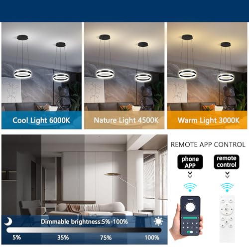 D7.8'' Modern Ring Chandelier for Dining Room LED Dimmable Pendant Lighting High Ceiling Chandelier for Living Room Foyer Bedroom Entryway 3000K