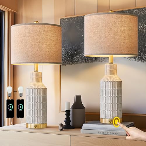 25" Modern 3 Way Dimmable Touch Control with USB A+C Ceramic Lamps Set of 2 Table Lamp for Living Room Bedroom Farmhouse Nightstand Bedside Lamps (2 Count)