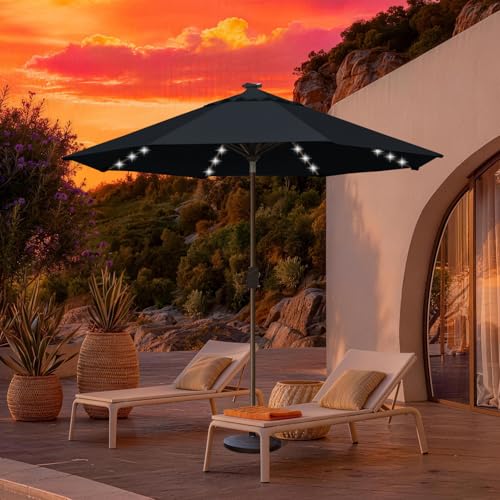 USA 10-Year-Non-Fading 10ft Market Patio Umbrella, Commercial Grade Table Sun Umbrella with 80 Solar LED Lights, Crank Open, Windproof & UPF 50+ UV Protection for Garden, Deck, Pool, Backyard, Black