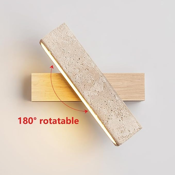 Modern LED Wall Sconce Wood Base Travertine Style Bar Light Minimalist Japandi Fixture Asymmetrical Design for Bedroom Hallway Living Room Accent(Natural)
