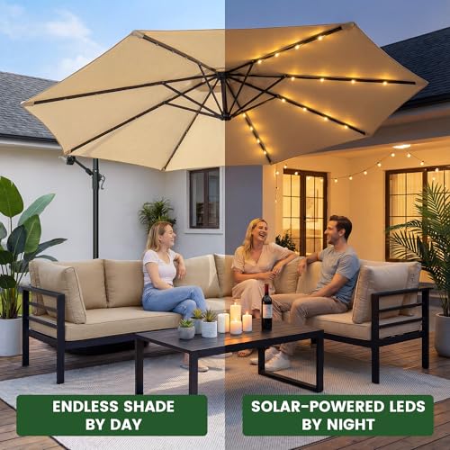 10FT Patio Umbrella with Solar Lights and Base for Patio