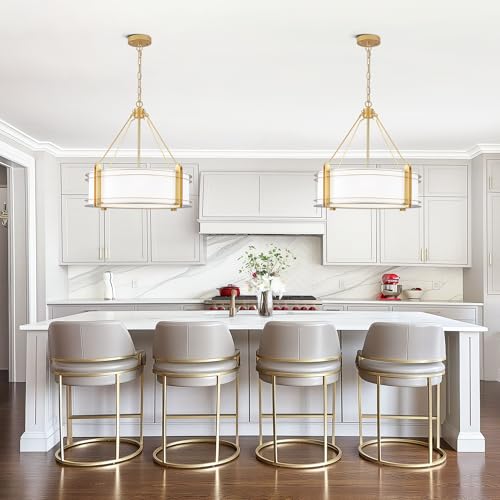 20.4'' Gold Drum Chandelier with White Linen Fabric Shade
