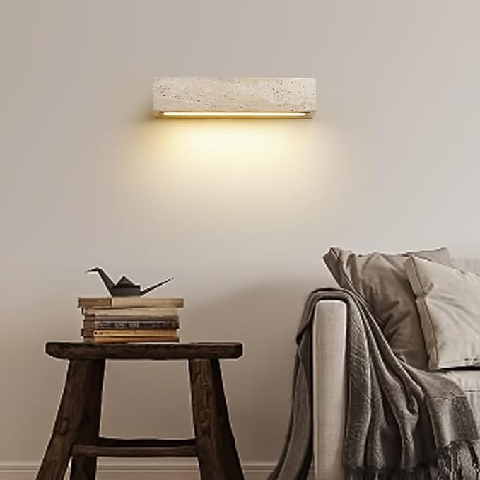Outdoor/Indoor Natural Stone Wall Sconces, Exterior IP65 Waterproof Yellow Travertine Wall Lamp, Japanese Style Wabi-Sabi Art Decor Wall Lighting Fixtures for Entryway Hallway Bedroom