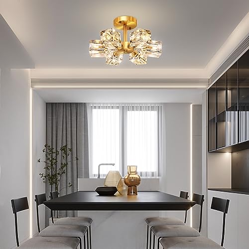 Semi Flush Mount Ceiling Light Fixture Modern 6 Lights Gold Crystal Chandelier