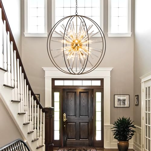 Modern Large Black and Gold Crystal Chandelier for Entryway High Ceiling