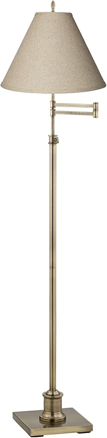 360 Lighting Westbury Traditional Swing Arm Floor Lamp Adjustable Height Standing 70" Tall Antique Brass Fine Burlap Fabric Empire Shade Decor for Living Room Reading House Bedroom Home