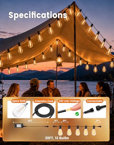 30FT(24+6) Outdoor String Lights, 2FT Spacing 12 LED Edison Bulbs, Waterproof, Shatterproof, Dimmable, Warm White, 3 Modes, Timer, Plug in Hanging Backyard Lights for Outside, Patio (24+6FT(12 Sockets))