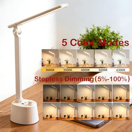 Small Desk Lamp with USB C Charging Port 5 Colors Stepless Dim White (Matte White / Compact)