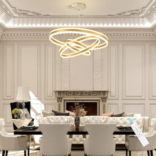 3 Rings Modern Chandelier for Dining Room Gold LED Dimmable Pendant Lightings for Kitchen Island Adjustable Height Flush Mount Ceiling Lighting for Living Room Foyer Hallways 3000K (3 Count)