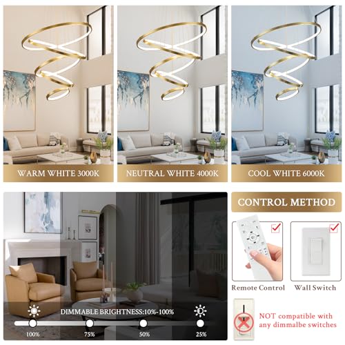 Modern LED Chandelier High Ceiling 5 Ring Gold Chandeliers Foyer Dimmable Ceiling Pendant Light Fixture Contemporary Flush Mount Chandelier for Staircase Living Room