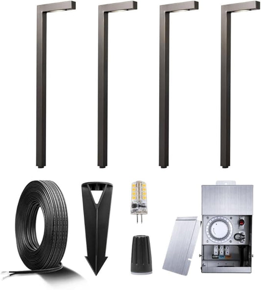 Gardenreet 12V Brass Landscape Path Lighting Kit (4 Pack Path Lights) with 75W Low Voltage Transformer and 100 Feet Cable and 20Pack Wire Connectors for Outdoor House Garden Patio Walkway - Aura Lighting