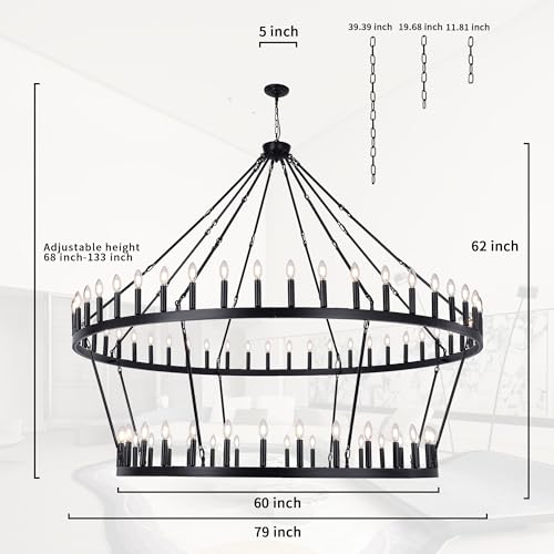 Rustic Farmhouse Black Wagon Wheel Chandelier Large Chandeliers for High Ceilings 2 Tier 80Lights 78.7 Inch for Dining Room Living Room Foyer Porch Kitchen Island