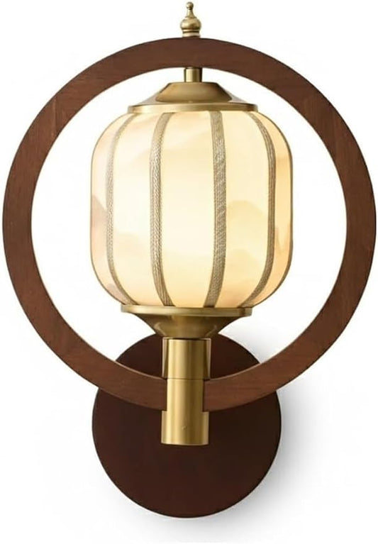 Japanese Wall Sconce Dark Wood and Brass Ribbed Glass Lantern Ambient 1-Light Wall Lamp for Bedroom Living Room Tea Room Entryway