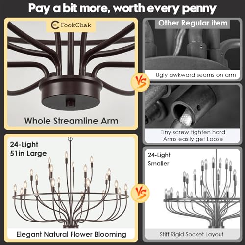 24 Light Chandelier 51'' Oil Rubbed Bronze Large Candle Chandeliers for High Ceiling Foyer Chandelier Light Fixture for Large Living Room Dining Room Stairs Entry Restaurant Hotel