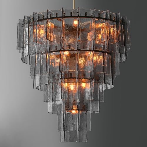 47" Extra Large Tiered Smoked Clear Textured Glass Chandelier