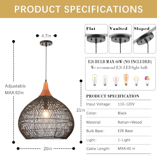 Large Black Rattan Pendant Light