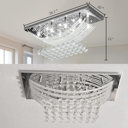 Crystal Chandelier Modern Chandelier Flush Mount Chandelier Silver Rectangle Crystal Raindrop Chandelier 8 Lights Ceiling Light Fixture Pendant Lamp for Kitchen Island Dining Room Closet Wedding Decor
