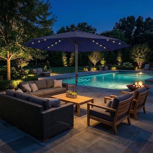 10FT Motorized Patio Umbrella with Solar LED Lights