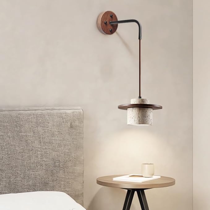 Japanese Wabi-sabi Style Natural Stone Wall Lamps Creative Vintage Beige Wall Light with E26/E27 Base Solid Wood Wall Sconces for Home Decoration Living Room Corridor Coffee Shop(Style 1)