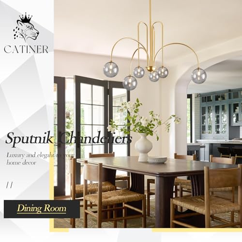 Modern 40" 6 Light Gold Sputnik Chandelier with Smoke Glass Globe