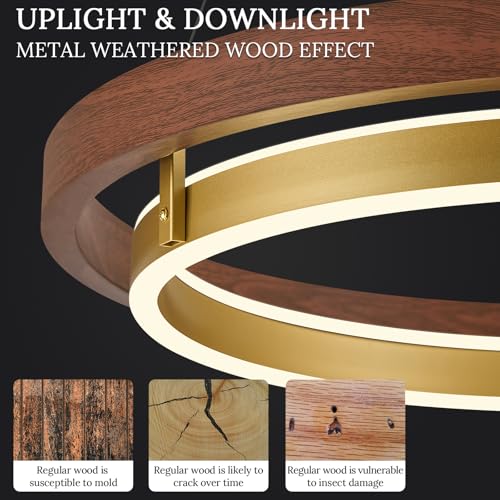 LED 2 Ring Brass Gold Chandelier Dimmable Up Down Light Gold Walnut Wood