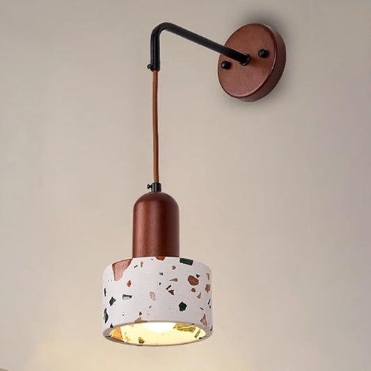 Mid Century Modern Hanging Wall Lamp, Wabi Sabi Terrazzo Wall Sconce, Handmade Natural Stone Wall Light Fixture, Adjustable Height, for Bedside Bedroom Living Room Hallway(B)