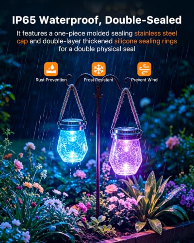 6 Pack Solar Crack Glass Jar Lantern Outdoor Waterproof Hang Colorful Clear (6 Count)