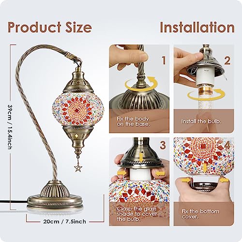 Turkish Moroccan Lamp with Bronze Base 3 Color Options Handmade Swan Neck Mosaic Glass Bedside Lamps for Bedroom