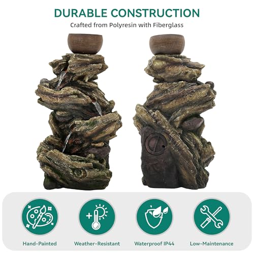 33" Rustic Tree Trunk Outdoor Water Fountain with Planters