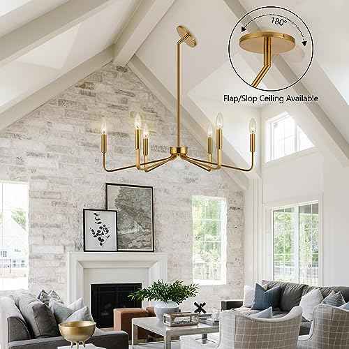 Brushed Gold Chandeliers for Dining Room, 6-Light Modern Farmhouse Chandelier, Brass Candle Style Hanging Light Fixture for Living Room Bedroom Kitchen Island