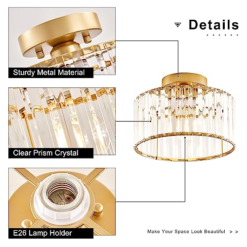 Crystal Gold Semi Flush Ceiling Light 10.63 Inch