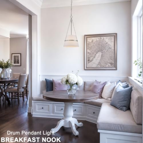 11.4" Brushed Nickel Drum Pendant Lights Kitchen Island White Fabric Shade